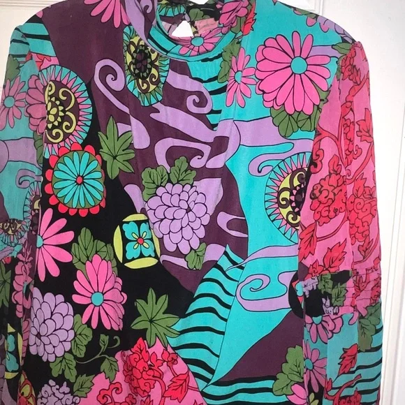 Bisou Bisou Pink Graphic Blouse Bisou Bisou Retro Floral Long Sleeve Bodysuit" - Picture 3 of 5